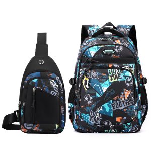 2Pcs Football Print Boys Backpack School Bag Set with Shoulder Bag, Soccer Travel Backpack with Sling Chest Bag, Football-Green