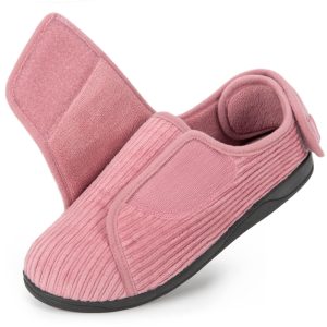 HomeTop Women's Corduroy Slippers Comfy Adjustable Hook and Loop Memory Foam Indoor Closed-back House Shoes for Diabetic Swollen Feet Pink, 8 UK