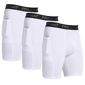 HYCOPROT Men's Compression Shorts with Phone Pockets Spandex Sports Underwear Athletic Performance Base Layer Shorts Quick-Drying Workout Running Active Tights （White, M）