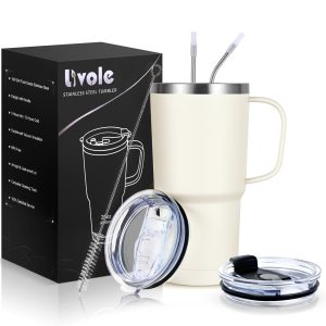 Livole 20oz Travel Mug with Handle, 600ml Insulated Tumbler with Straw and 2 Lids, Double Walled Vacuum Water Cup Bottle, Stainless Steel Thermal Travel Coffee Mugs for Cold...