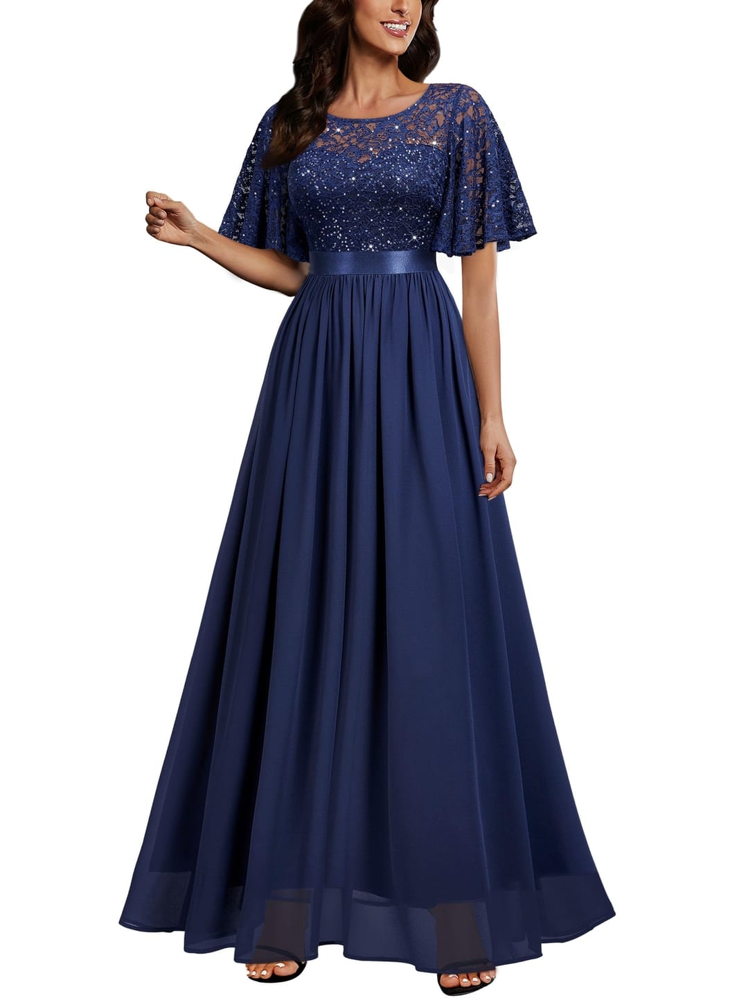 MIUSOL Women's Elegant Flutter Sleeves Lace Sequin Dress