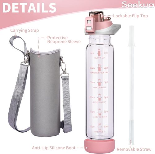 Seekua 1l Large Glass Water Bottle with Straw & Time Markings 1 litre Big Motivational Glass Drinking Bottle BPA free Leakproof Pink - Image 3