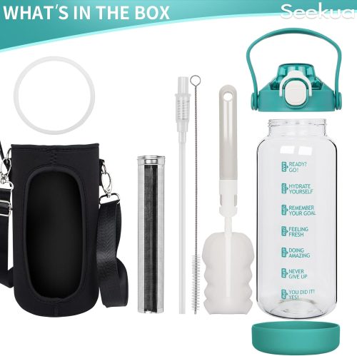 Seekua 1l Glass Water Bottle with Straw & motivational Time Markings 1 litre large Drinking Bottle with Fruit Infuser for Juice, Smoothie, Milkshake - Image 4
