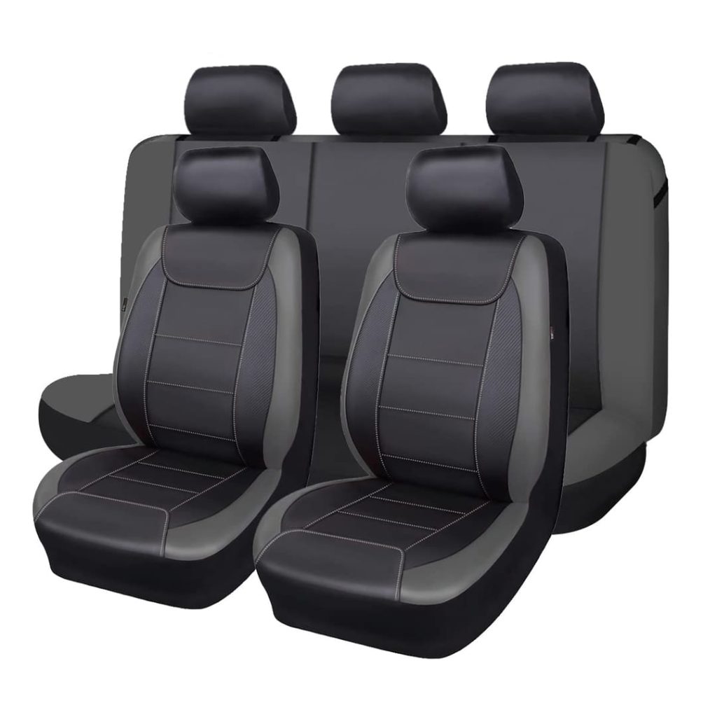 Flying Banner Universal Carbon Fibre Leather Car Seat Covers Airbag Compatible Seat Protector (Full Set, Black and Grey)